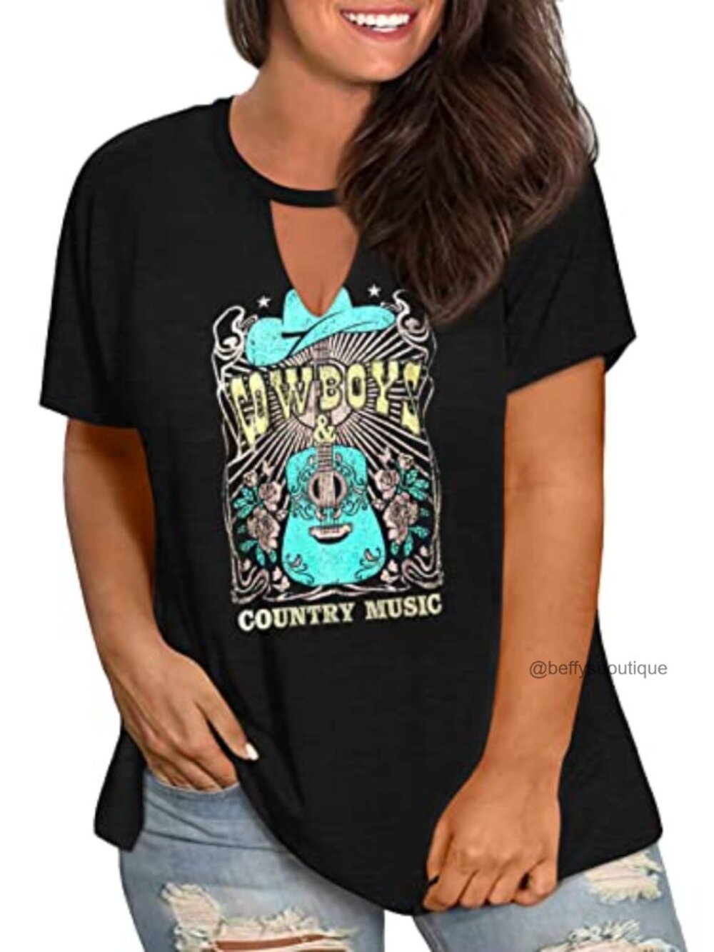 Plus Size Whiskey Country Music V Neck Keyhole Tee Tunic - Picture 4 of 7
